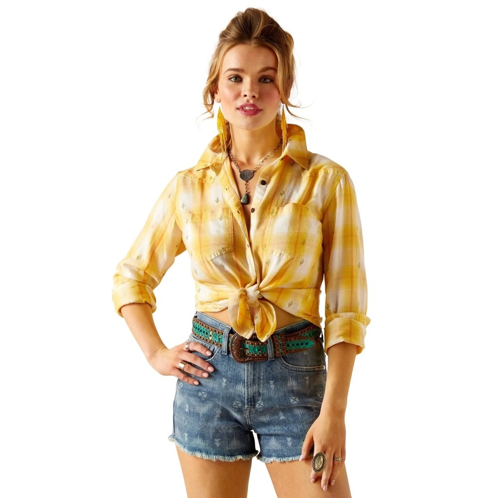 Ariat Billie Jean Cactus Plaid Button Down Shirt Women’s XL Yellow Western